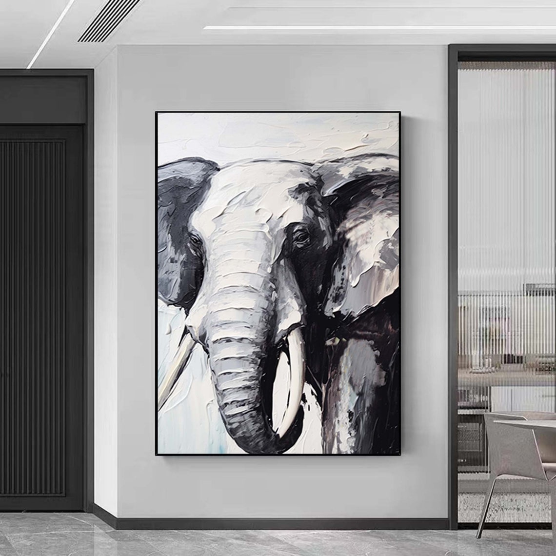 Black And White Elephant Portrait Impasto Animal Oil Painting Poster - Image 4