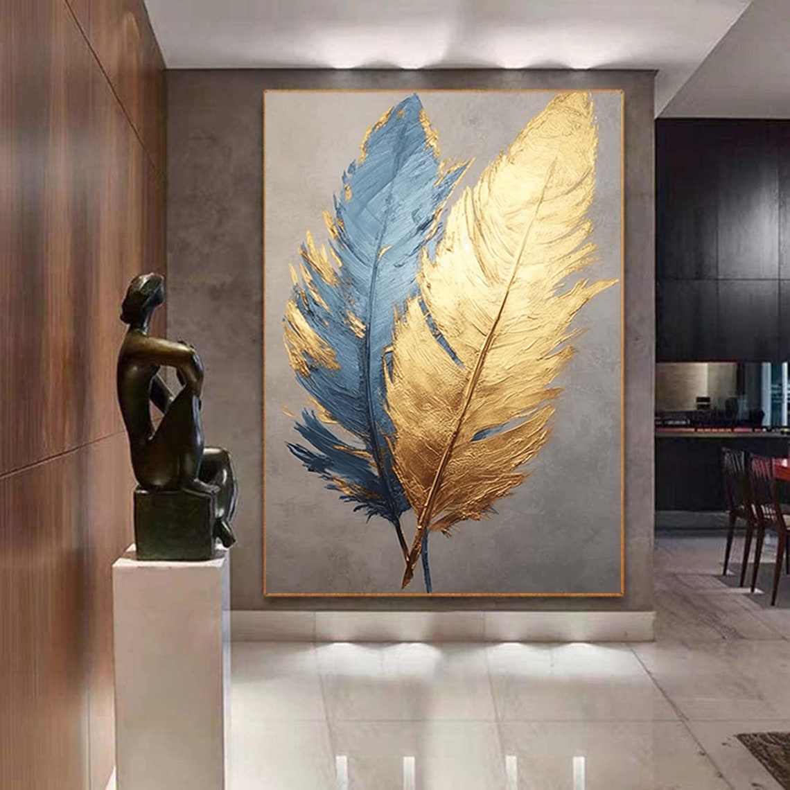 Gold and Blue Feathers on Gray Modern Elegant Painting Poster - Image 5