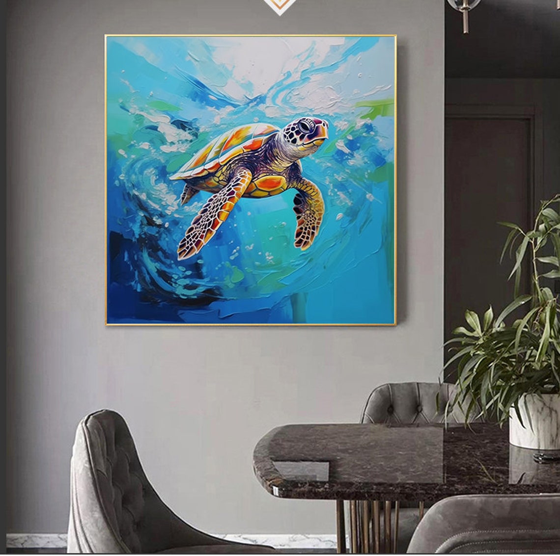 Colorful Sea Turtle Underwater Blue Ocean Impasto Art Poster - Image 7