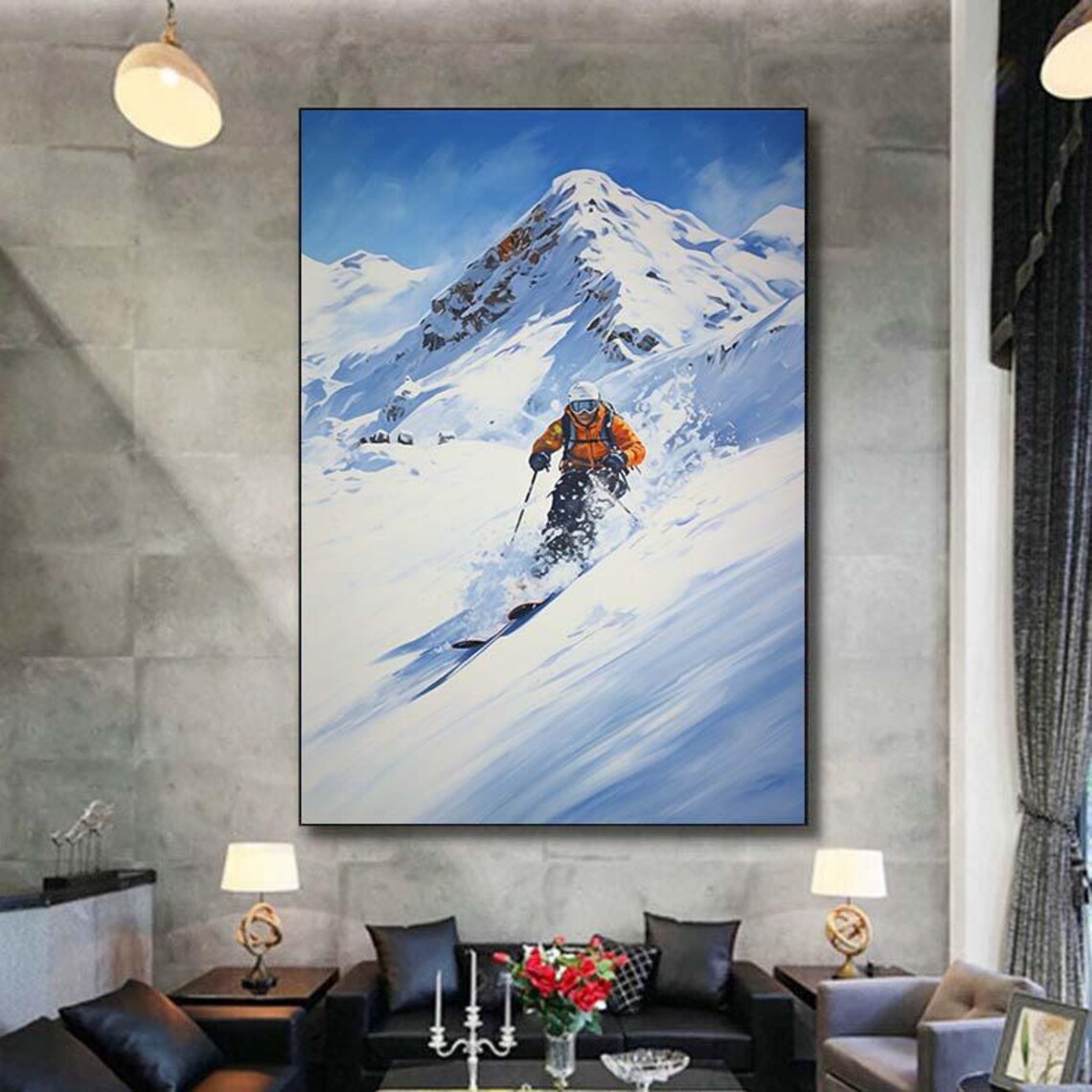 Snowy Mountain Skier Orange Jacket Powder Slope Sports Painting Poster - Image 6