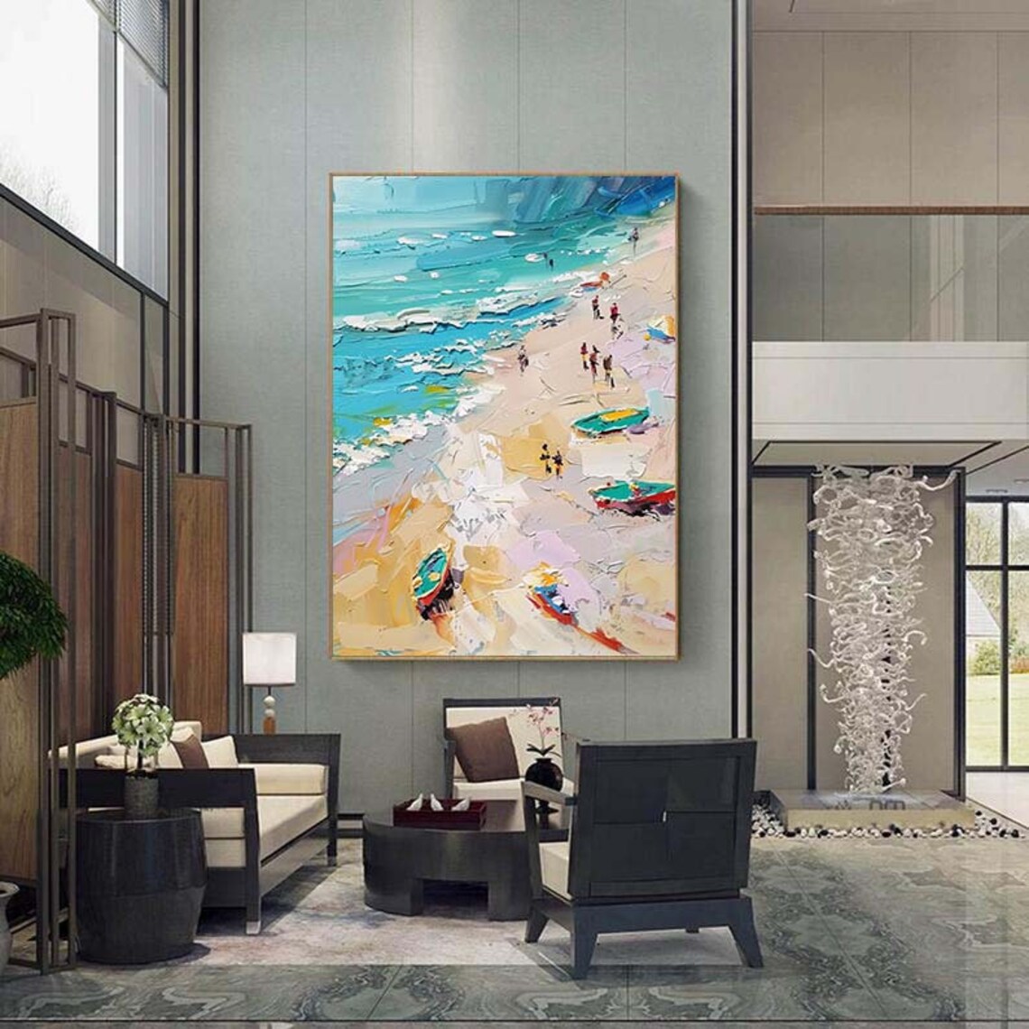 Summer Beach Turquoise Waves Golden Sand Impasto Painting Poster - Image 3