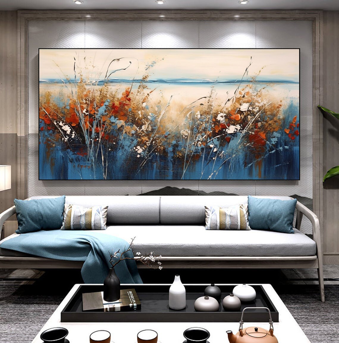 Abstract Blue Red Wildflower Field by the Water Painting Poster - Image 6