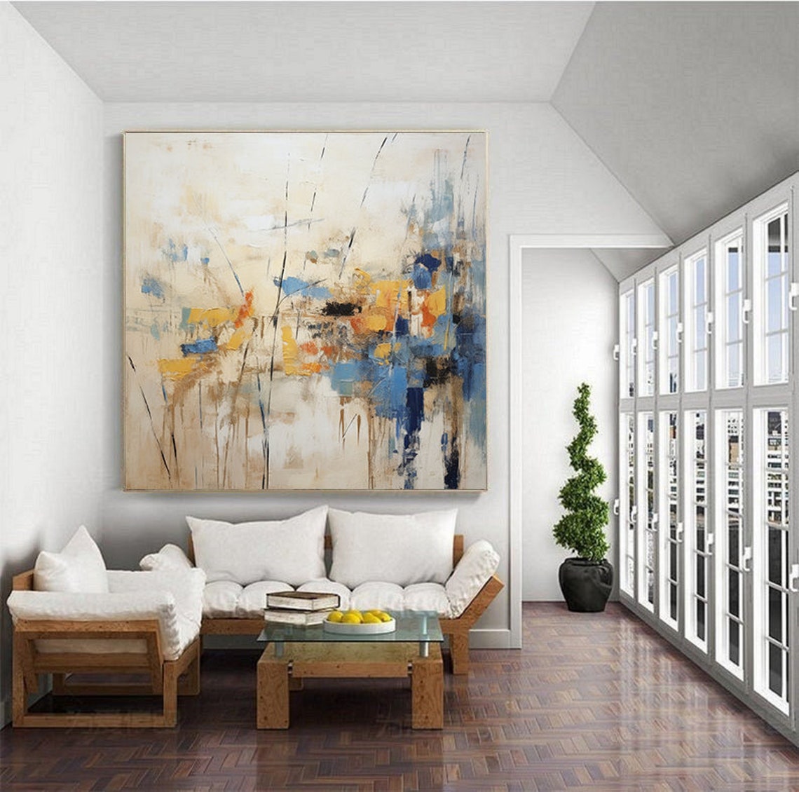 Cream Blue and Mustard Abstract Brushwork Square Wall Poster - Image 4