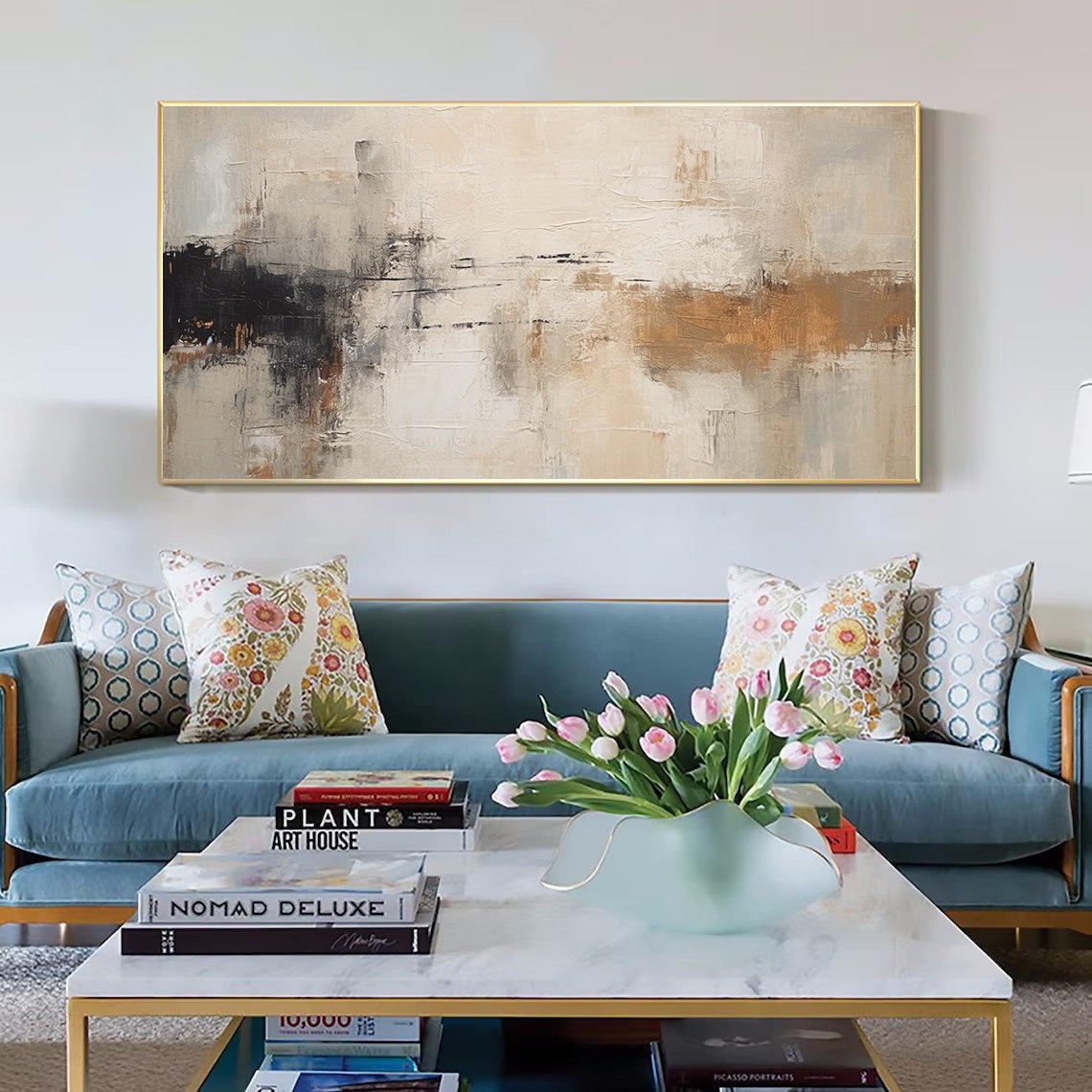 Beige Black Copper Textured Abstract Horizon Wide Living Room Poster - Image 5