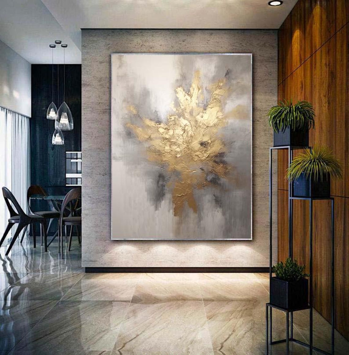 Gold Cloudburst on Grey White Abstract Elegant Painting Poster - Image 4