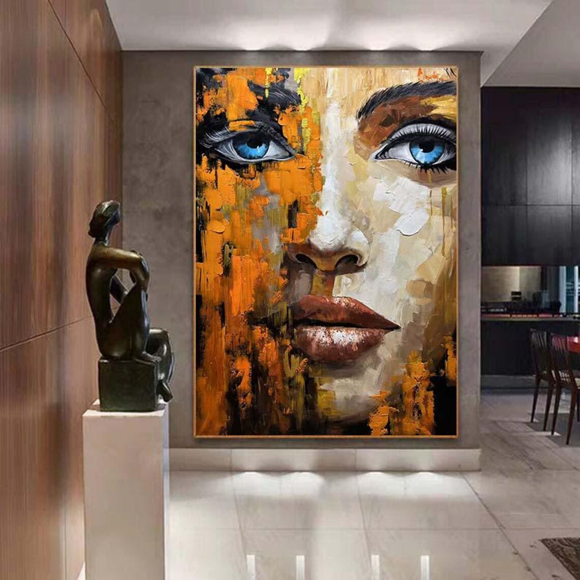 Abstract Woman Face With Striking Blue Eyes in Orange Oil Poster - Image 6