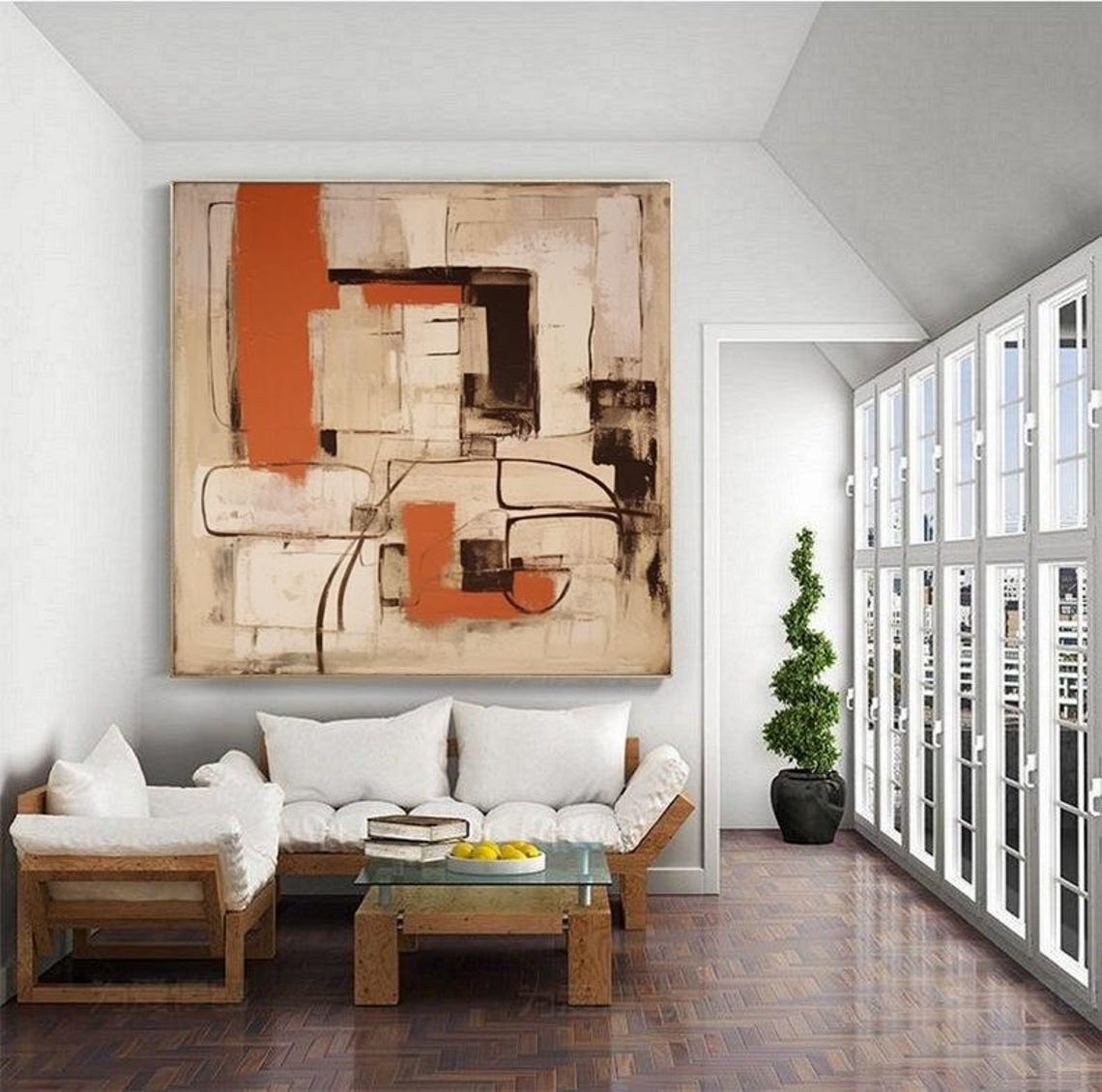 Tan Burnt Orange Geometric Line Abstract Modern Painting Poster - Image 4