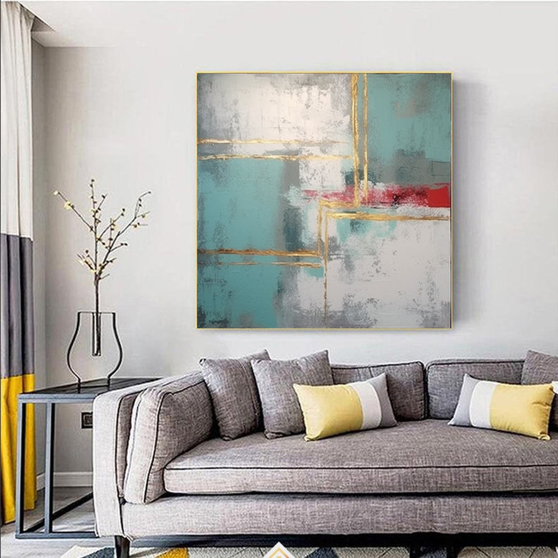 Geometric Teal White Abstract With Gold Lines And Red Band Poster - Image 3