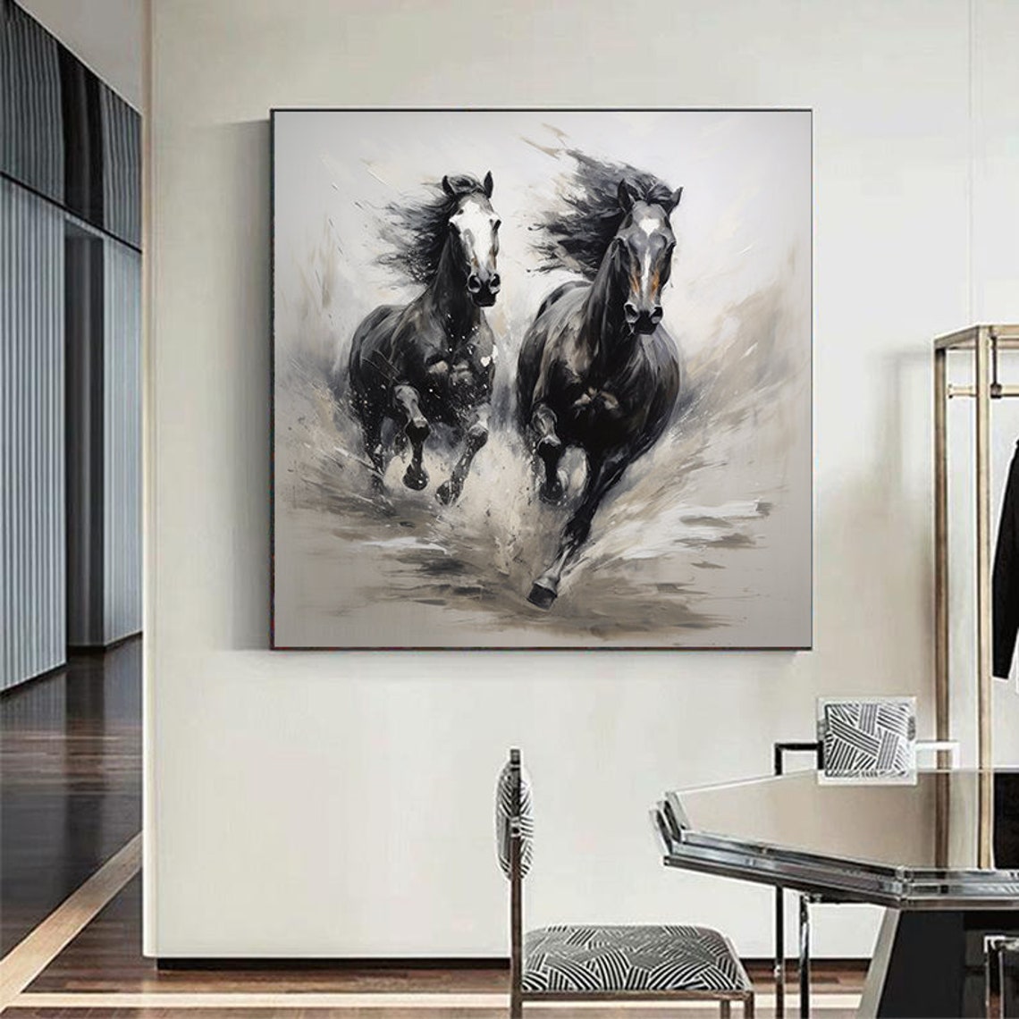 Black And White Textured Running Horses Oil Painting Horse Painting Original Animal Oil Art Wall Decor Living Room Office Wall Art - Image 5
