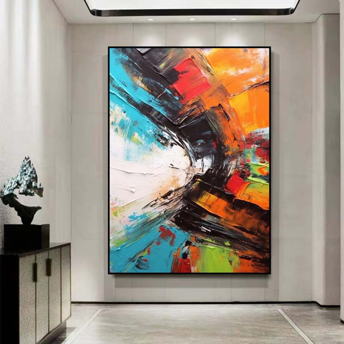 Bold Color Arc Turquoise Orange Black Impasto Curve Art Poster - Image 2