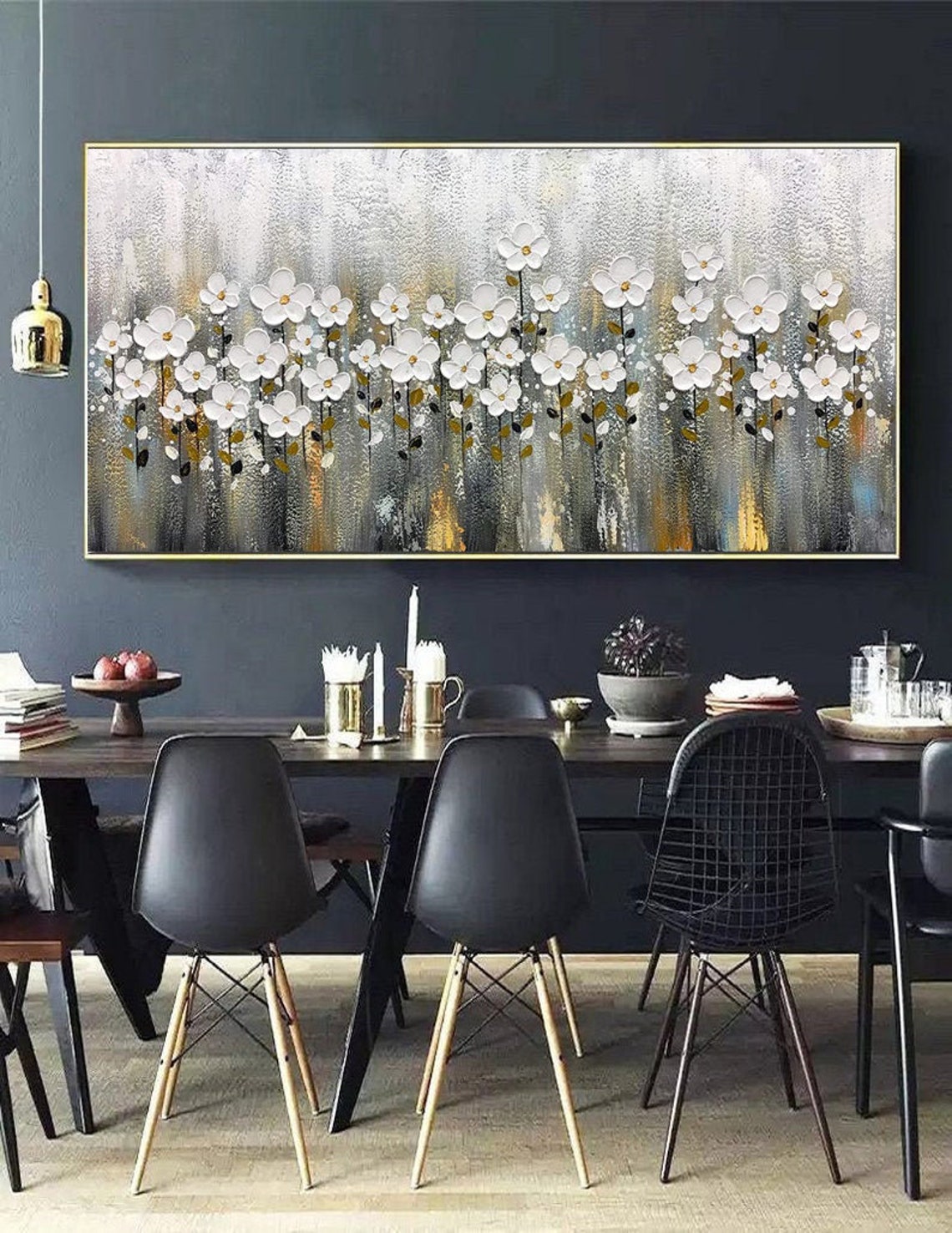 White Cherry Blossom Row Wide Silver Gold Floral Branch Poster - Image 3