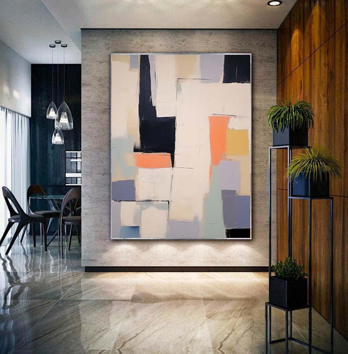 Mid-Century Geometric Blocks Navy Blush Cream Abstract Poster - Image 4