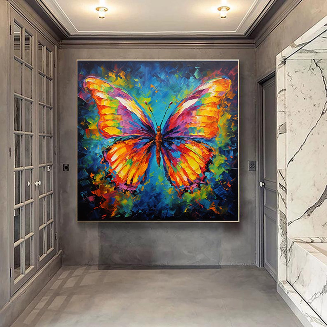 Colorful Butterfly Knife Painting Blue Background Decor Poster - Image 4