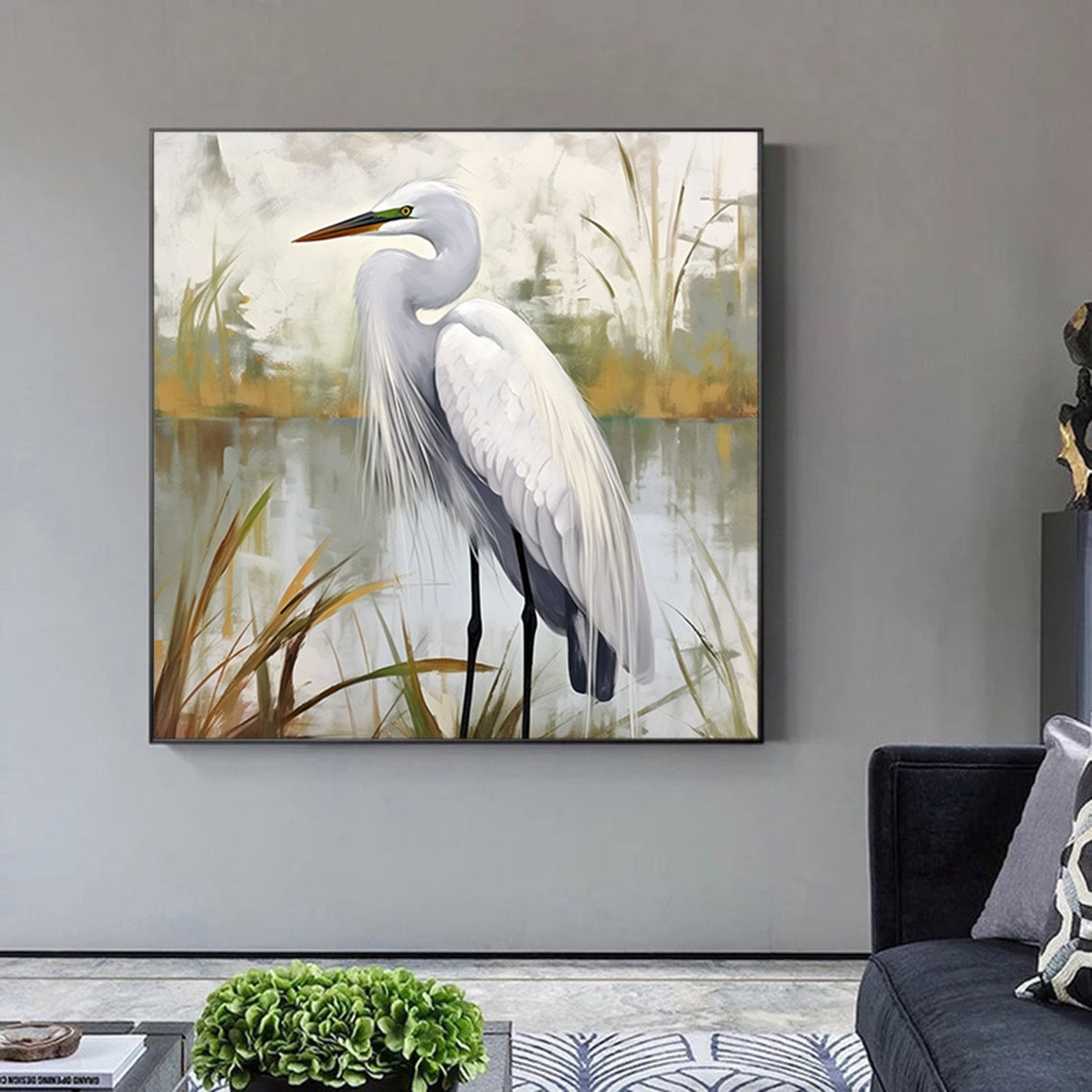 Elegant White Heron Wading In Soft Neutral Marsh Water Poster - Image 4