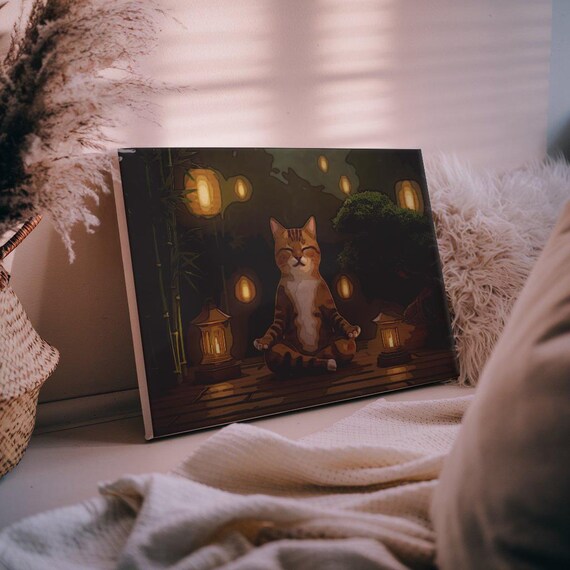 Meditating Tabby Cat Zen Japanese Garden Lanterns Night Poster