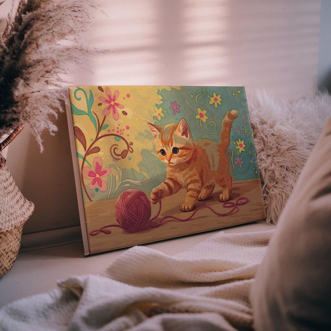 Orange Kitten Playing With Pink Yarn Ball Cute Floral Art Poster - Image 3