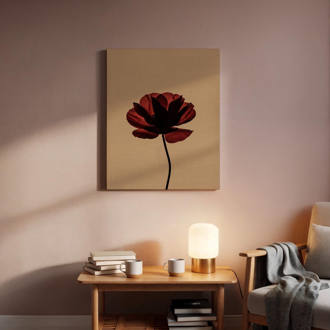 Single Red Poppy Flower Minimalist Tan Botanical Bloom Poster - Image 2