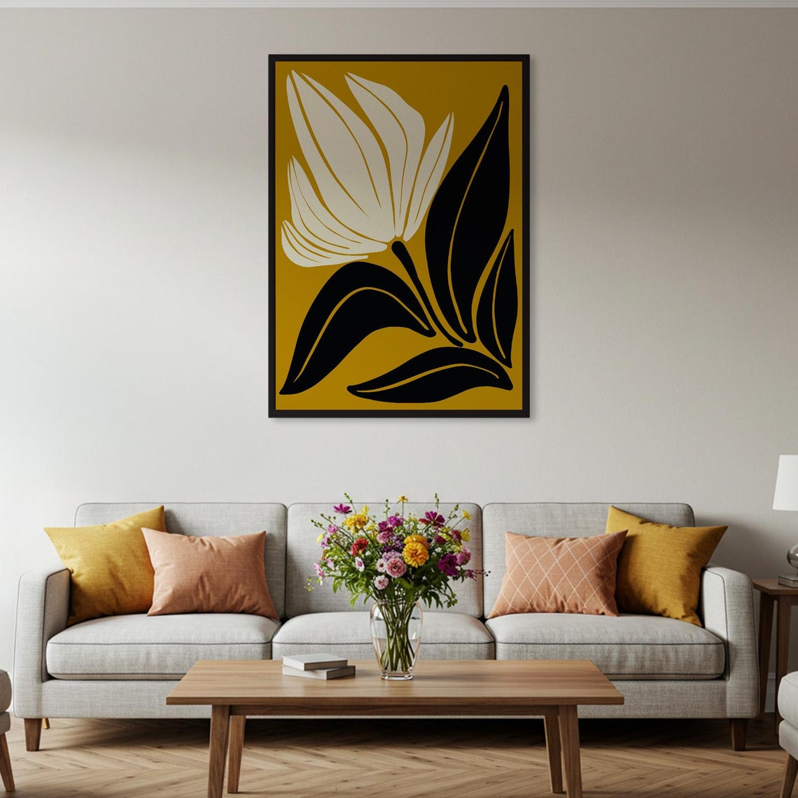 Abstract Flower Mustard Yellow Black White Modern Bold Botanical Print - Image 2
