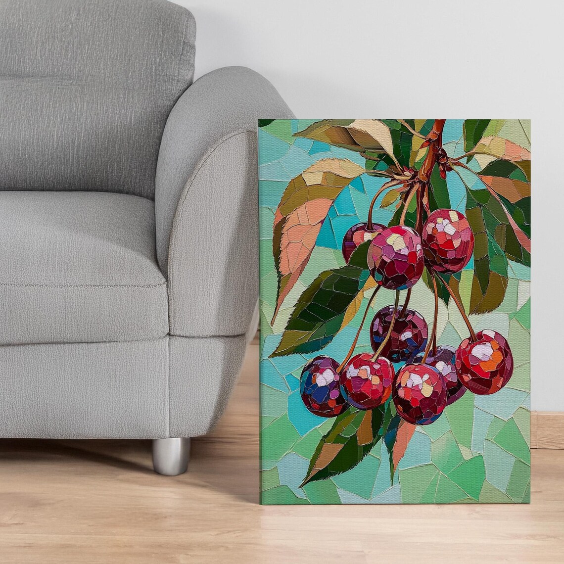 Cherry Branch Mosaic Stained Glass Style Colorful Fruit Poster