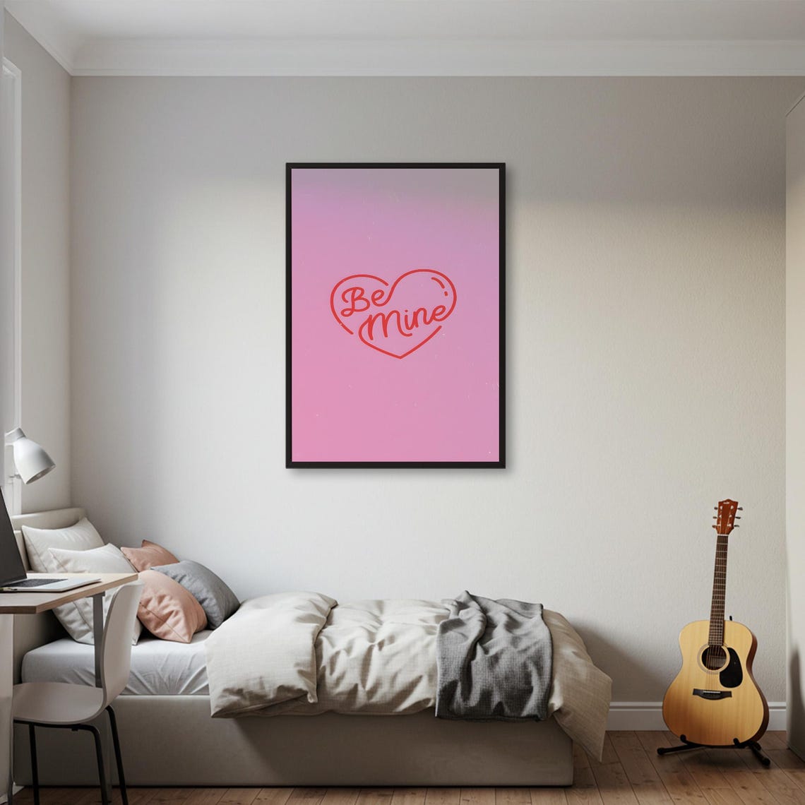 Be Mine Neon Red Heart on Pink Valentines Day Quote Love Poster - Image 2
