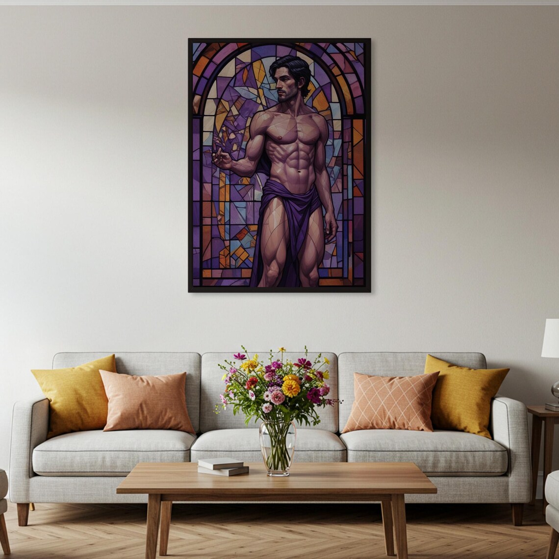 Stained Glass Style Muscular Man Purple Mosaic Figure Poster - Image 2
