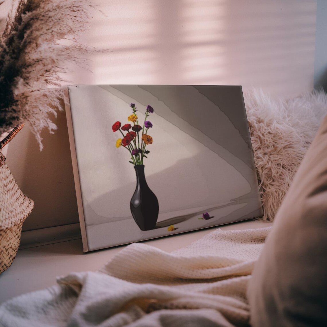 Colorful Wildflowers In Black Vase Sunlight Still Life Poster