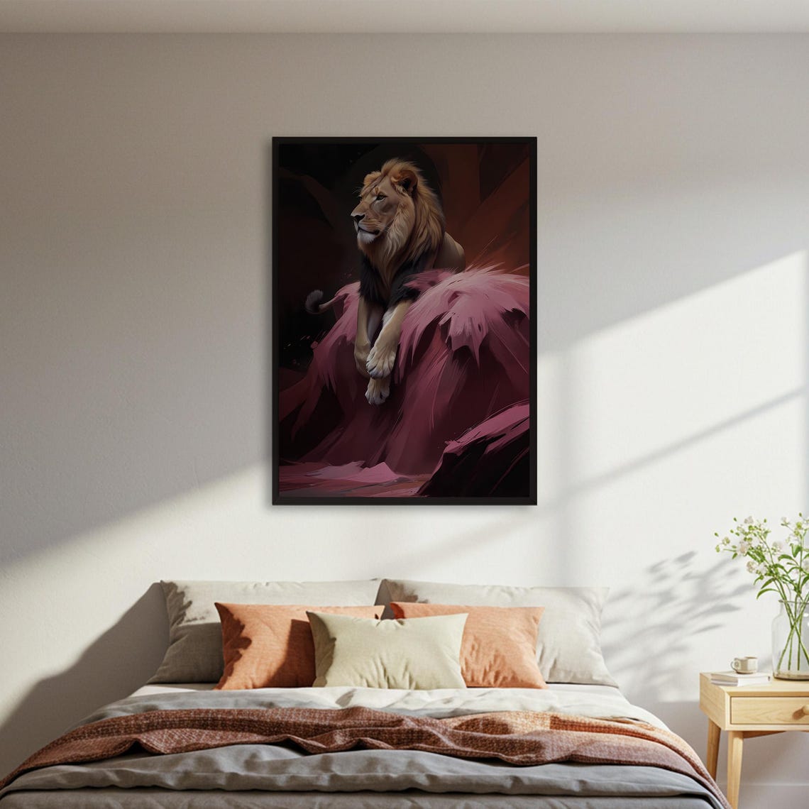 Majestic Lion Resting on Pink Rock Dark Dramatic Wildlife Poster - Image 5