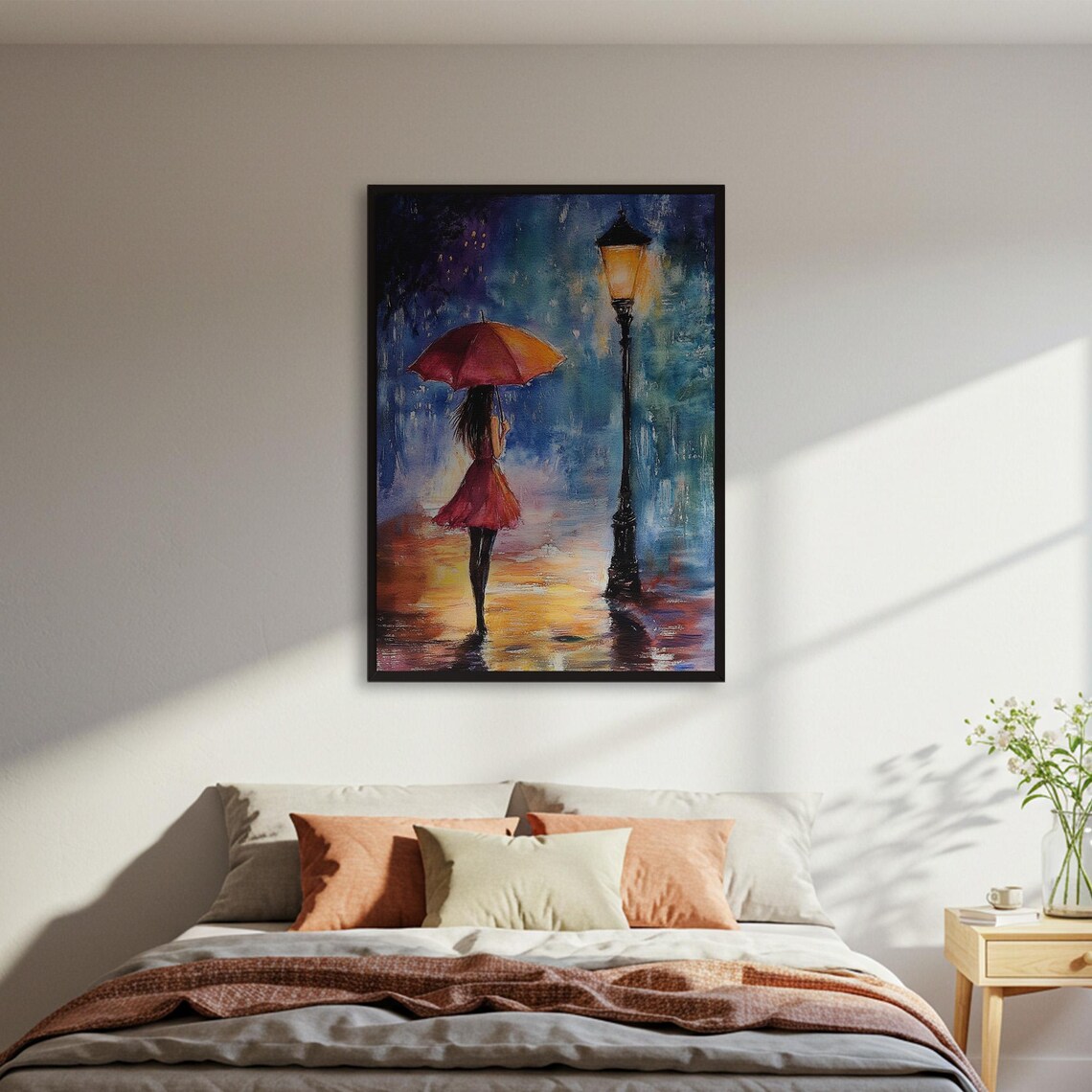 Woman Red Umbrella Rainy Night City Lamp Moody Romantic Oil Poster