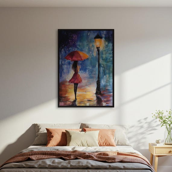 Woman With Umbrella In Rain Poster Moody Cityscape Wall Art Print Romantic Painting Framed Gift For Home