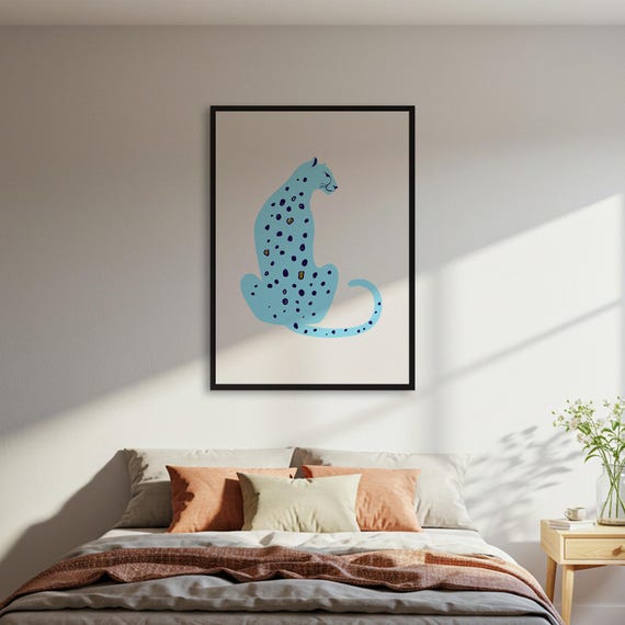 Blue Leopard Abstract Poster Colorful Animal Wall Art Print Modern Decor Framed Or Unframed