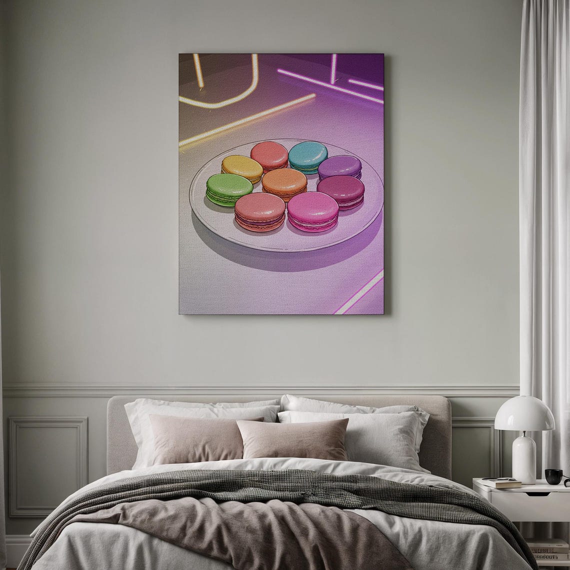 Colorful Macarons Plate Neon Lights Dessert Pop Art Style Poster