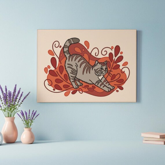 Gray Tabby Cat Stretching Orange Floral Whimsical Kitty Poster
