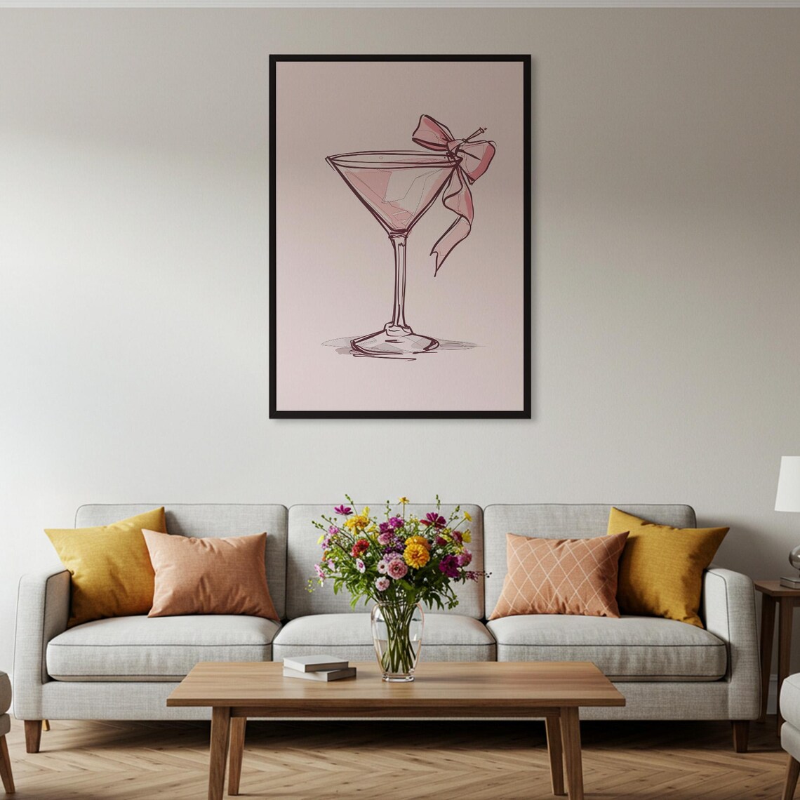 Pink Martini Glass Bow Line Art Cocktail Illustration Poster - Image 2