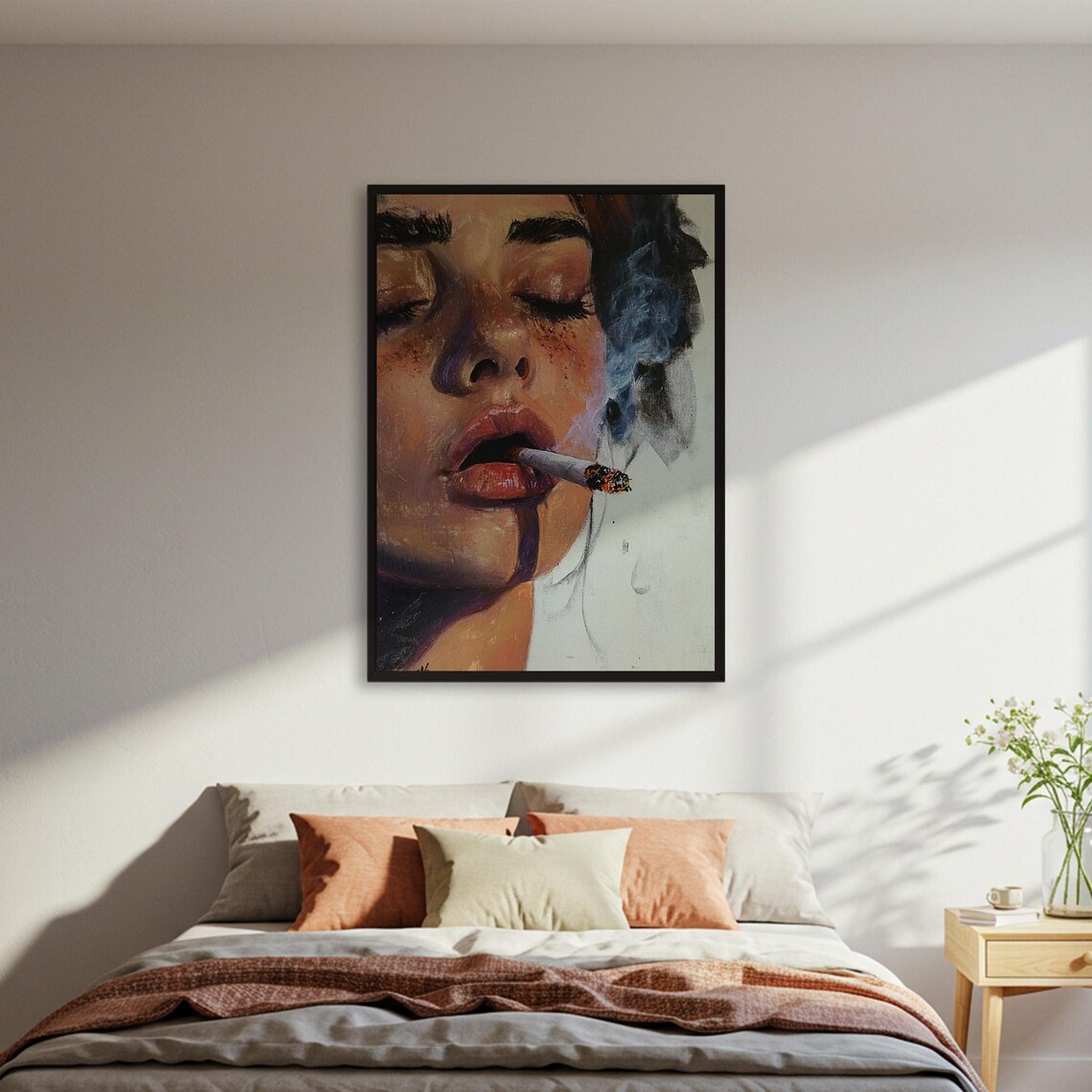 Woman Smoking Portrait, Moody Figurative Art Print