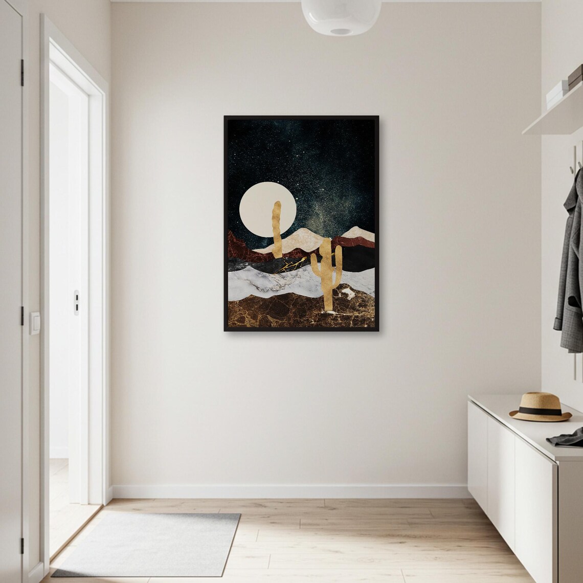 Golden Cactus Silhouettes Under Full Moon Starry Desert Night Art Poster - Image 3