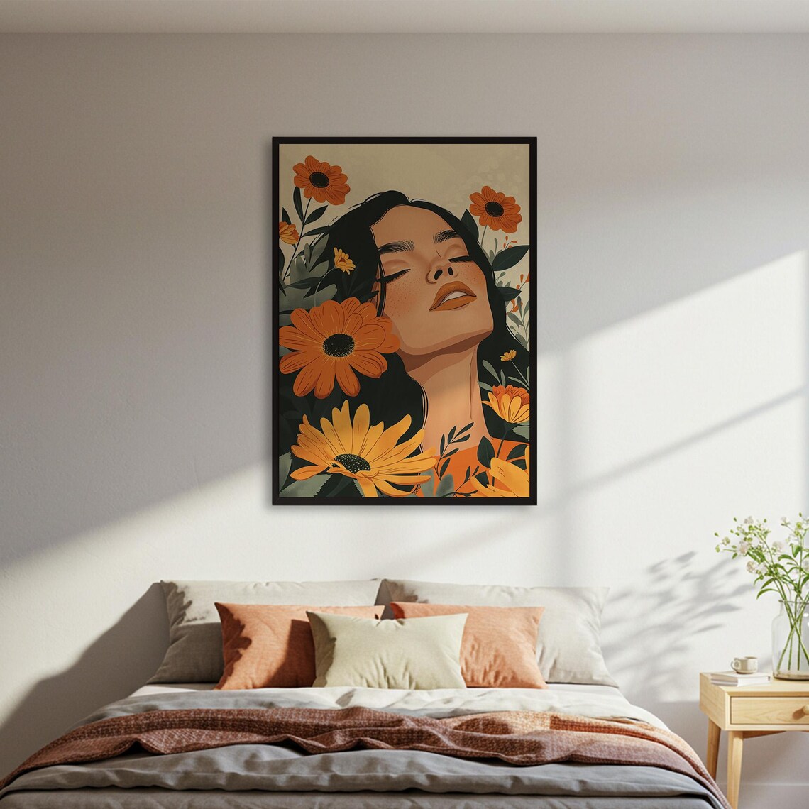 Serene Woman among Orange Flowers Botanical Illustration Poster