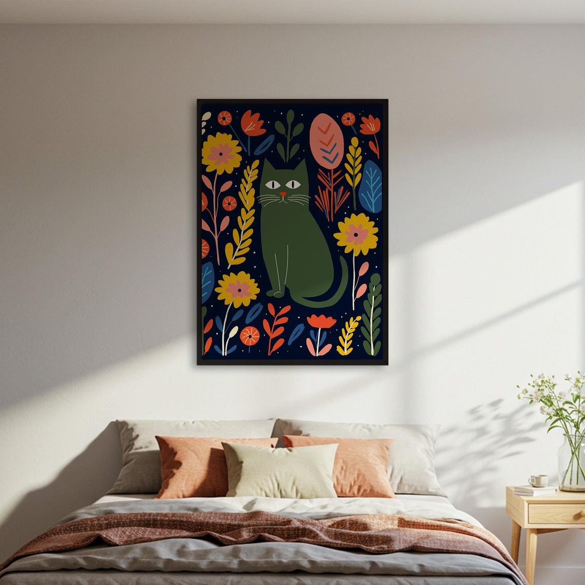 Green Cat Dark Floral Garden Modern Folk Art Botanical Night Poster