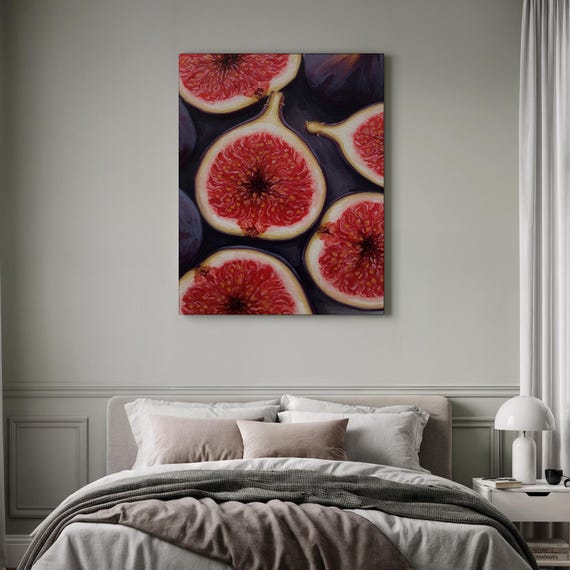 Sliced Fig Print Moody Fruit Still Life Rich Red Wall Art Framed Rustic Botanical Canvas For Kitchen Decor Unique Foodie