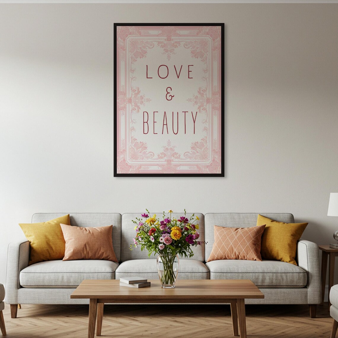 Love and Beauty Pink Ornamental Frame Romantic Typography Poster - Image 2