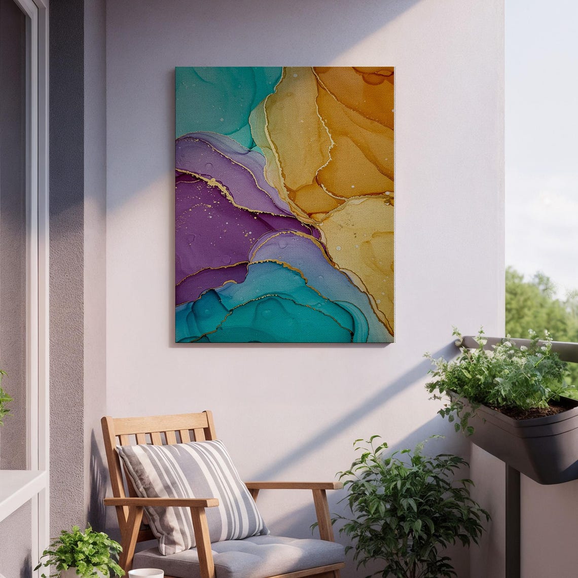 Purple Teal and Gold Alcohol Ink Modern Abstract Fluid Poster - Image 2