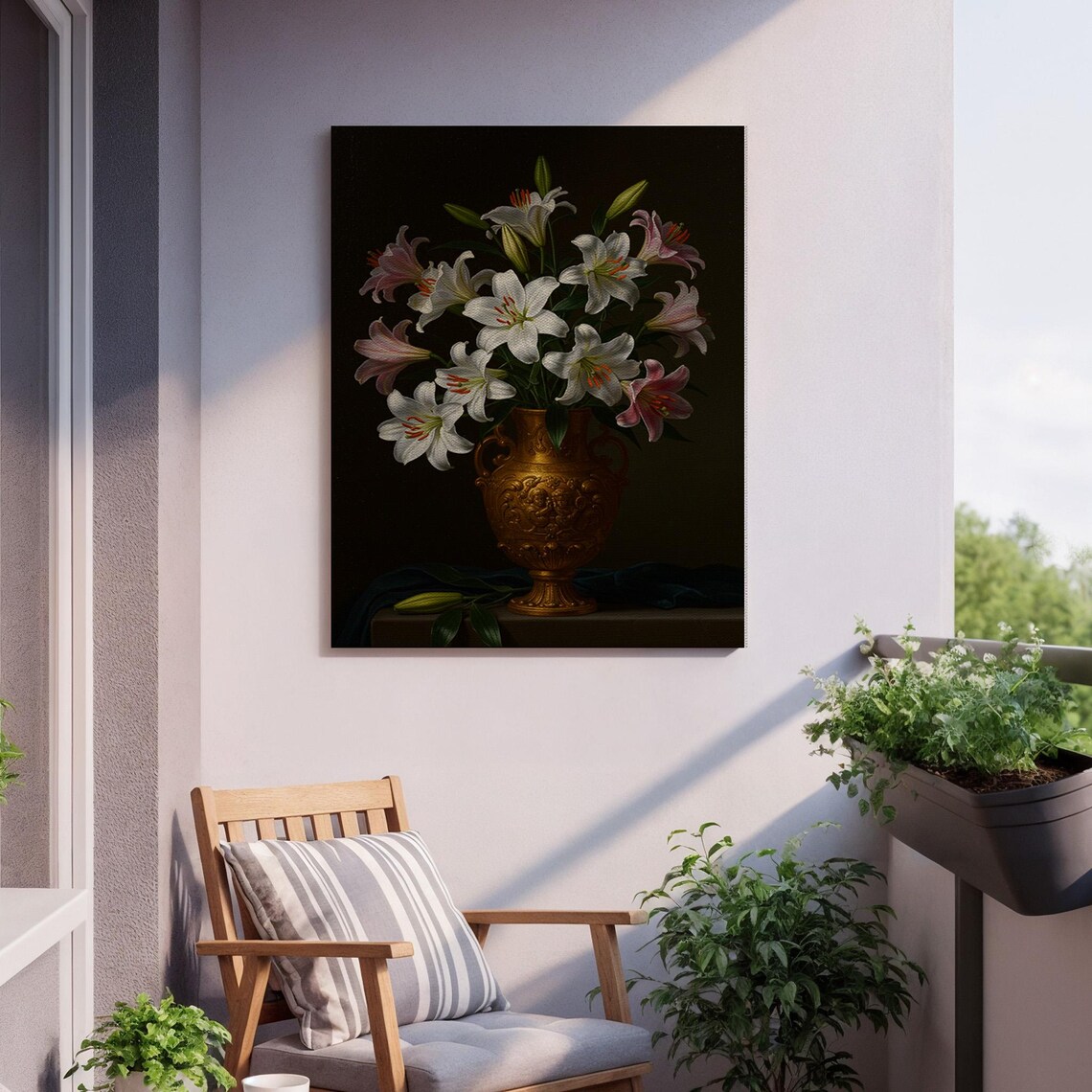 White Pink Lilies in Gold Vase Moody Floral Still Life Poster - Image 5