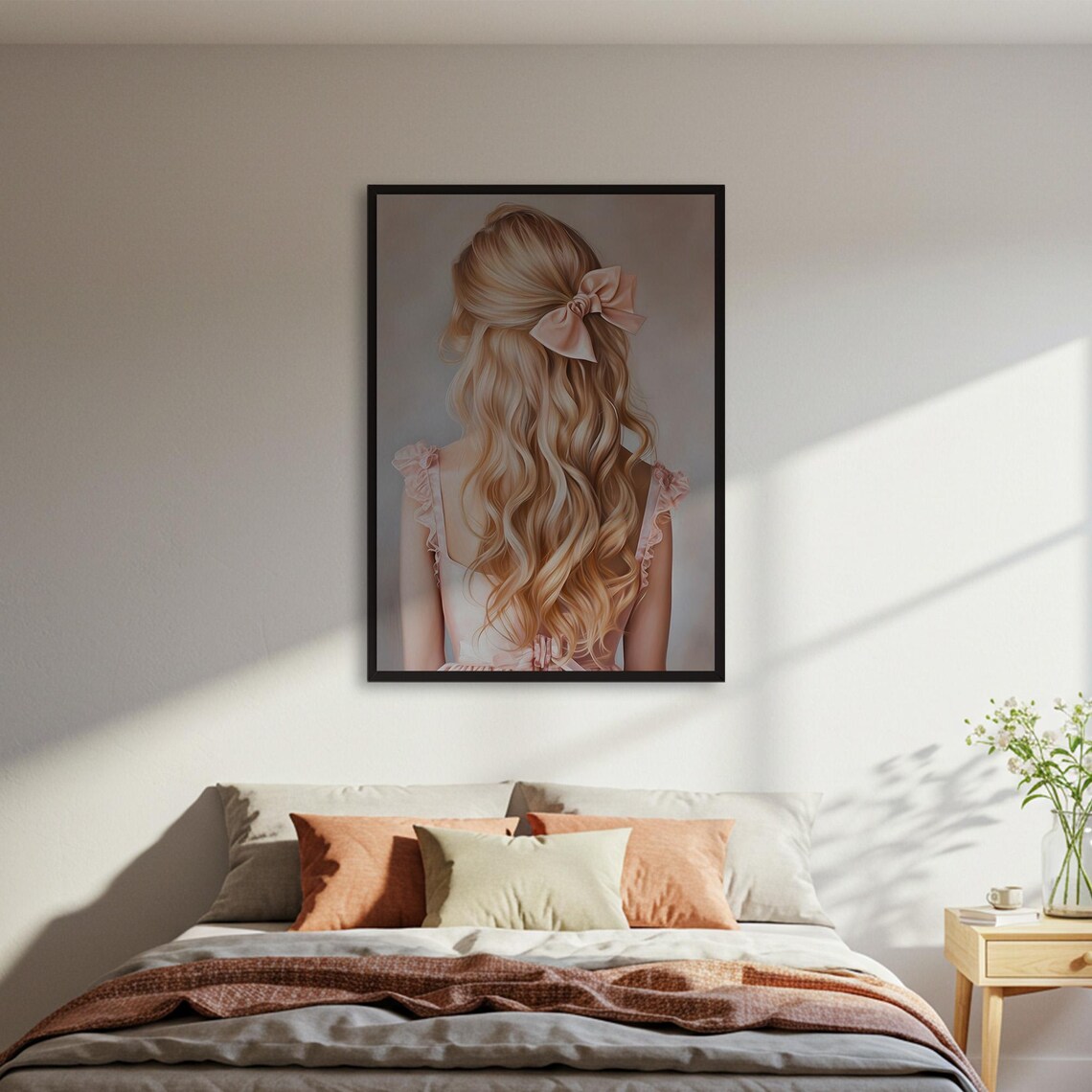 Blonde Hair With Pink Ribbon, Feminine Bedroom Decor