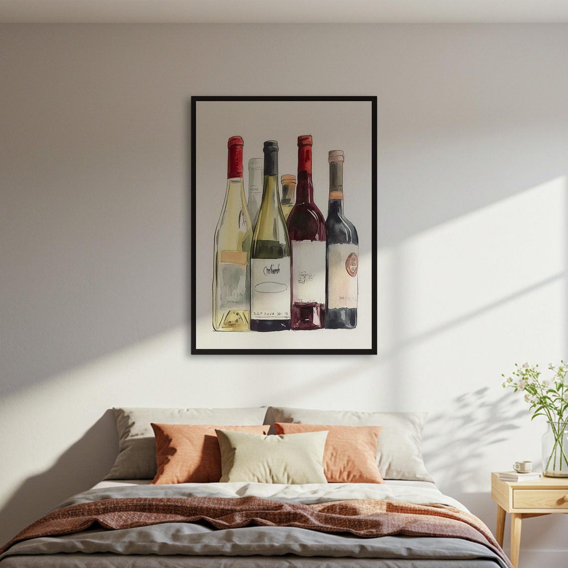 Watercolor Wine Bottles Row Kitchen Bar Wall Decor Gift Poster