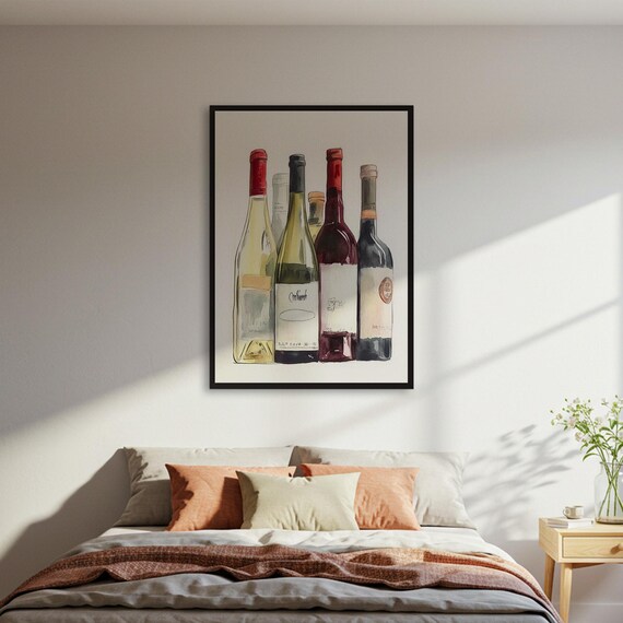 Watercolor Wine Bottles Row Kitchen Bar Wall Decor Gift Poster