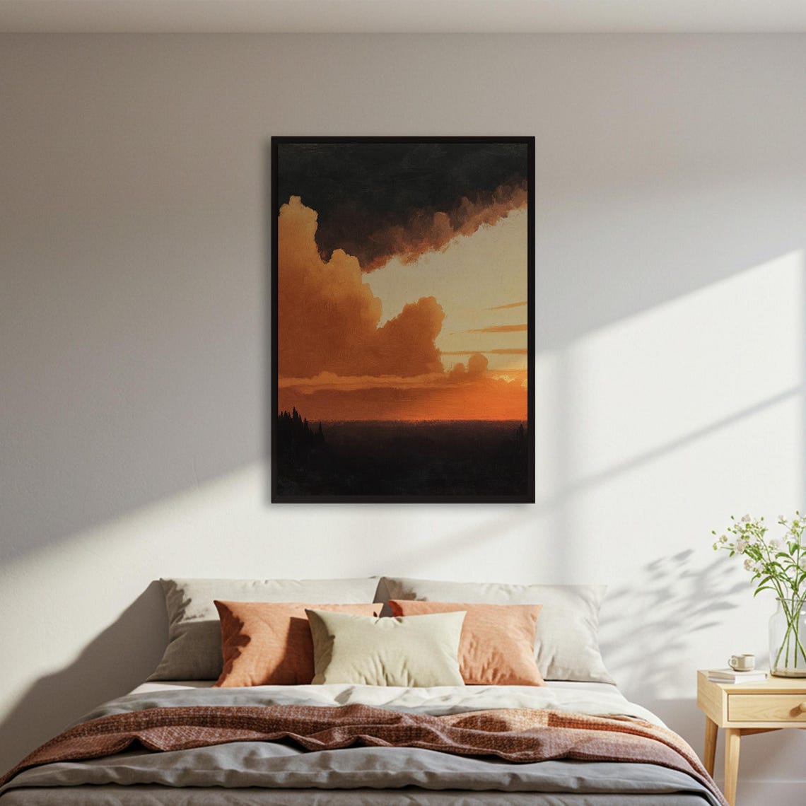 Moody Burnt Orange Sunset Painting Dark Forest Landscape Poster