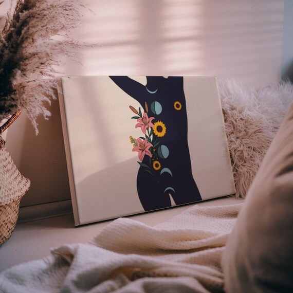 Female Silhouette With Flowers And Moon Phases Boho Art Poster