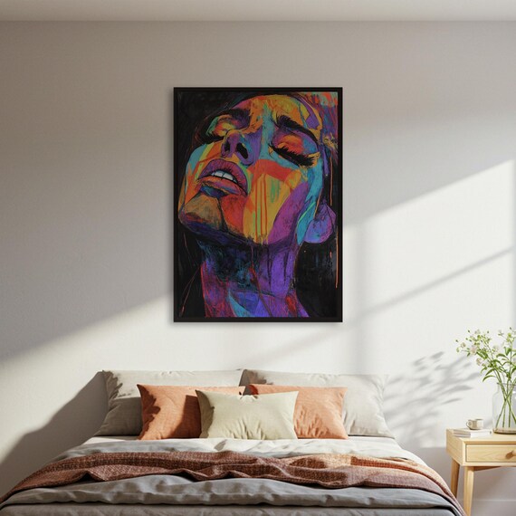 Colorful Expressionist Woman Portrait Closed Eyes Vivid Paint Drip Art Poster