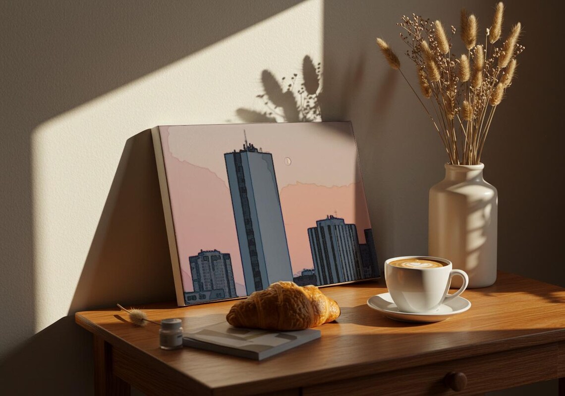 Modern City Skyline At Dusk Pink Sunset Urban Tower Art Poster - Image 2