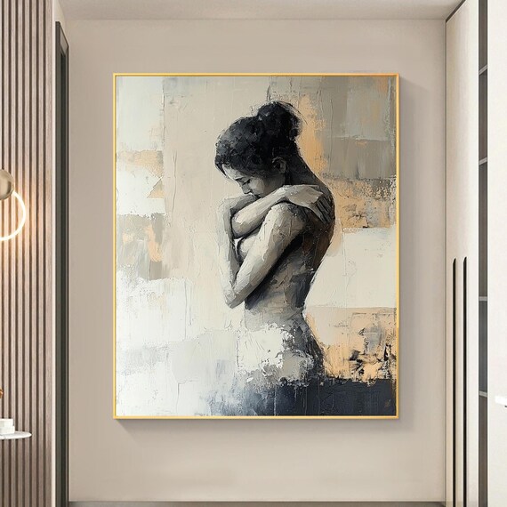 Embracing Woman Portrait Gray Beige Textured Abstract Art Poster
