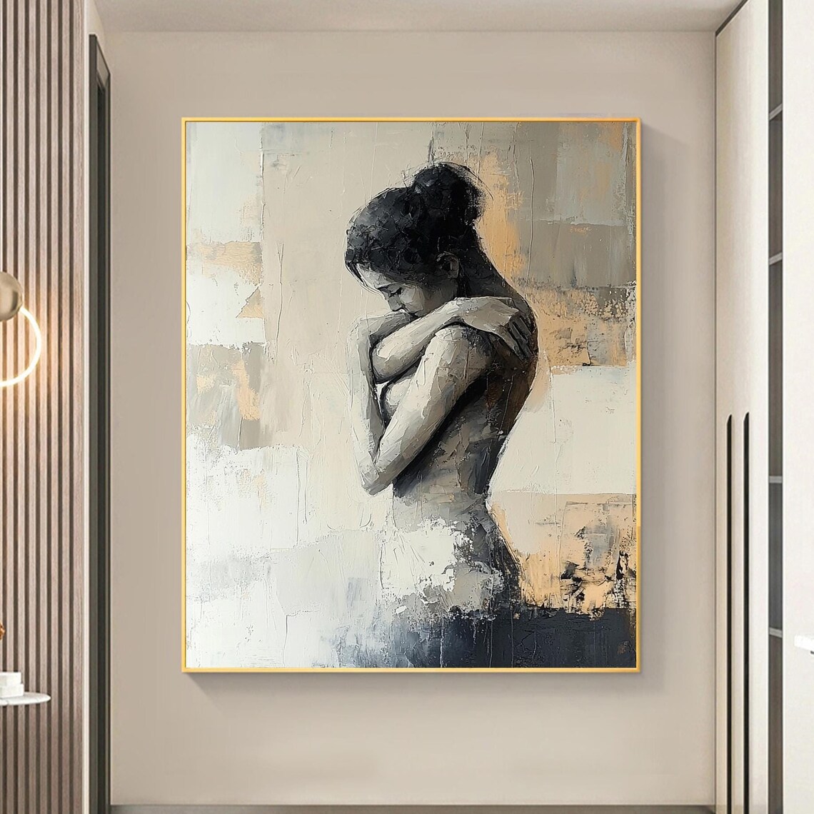 Embracing Woman Portrait Gray Beige Textured Abstract Art Poster